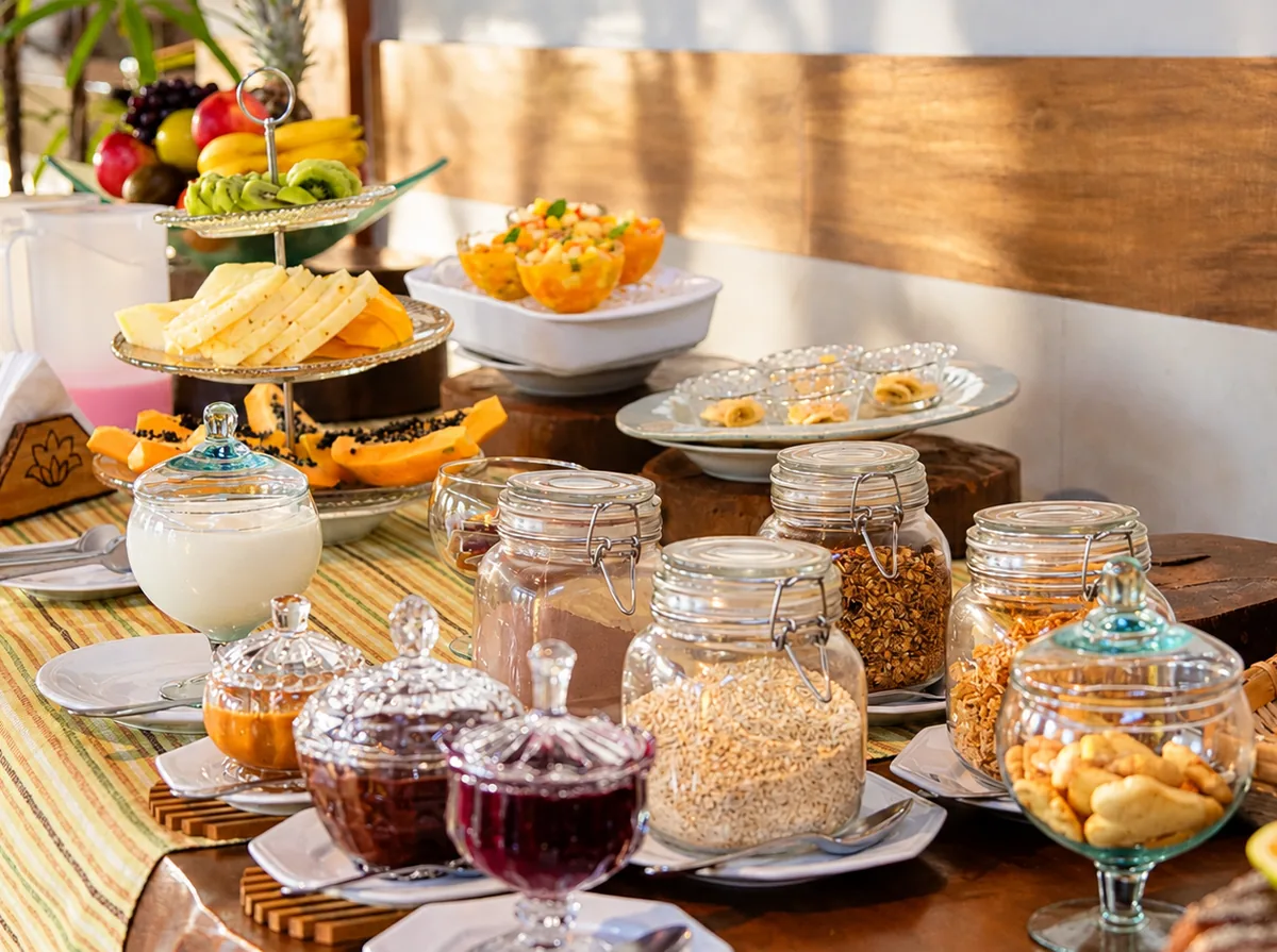 Buffet de café da manhã do Villa Bebek, com frutas e outras opções